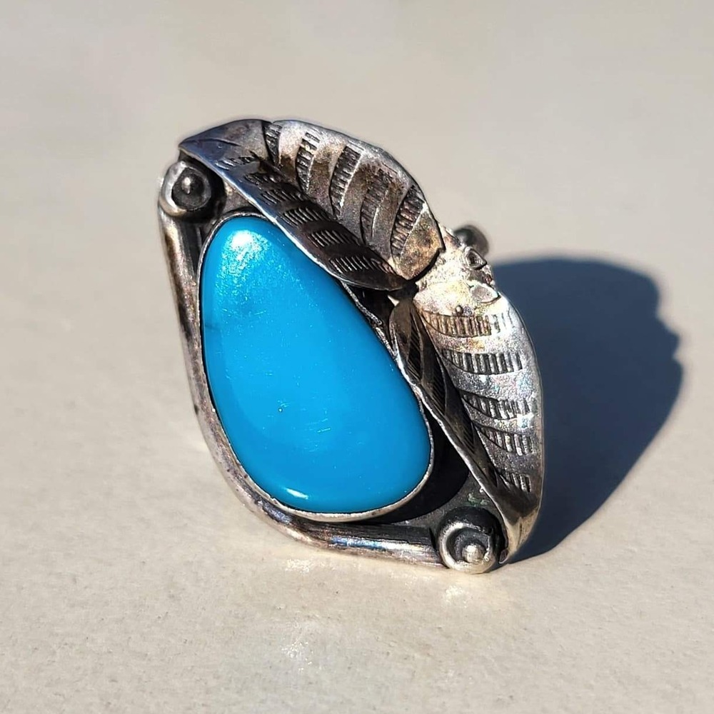 Vintage Sterling Silver Turquoise Ring S 5.75 Southwestern Leaf Native